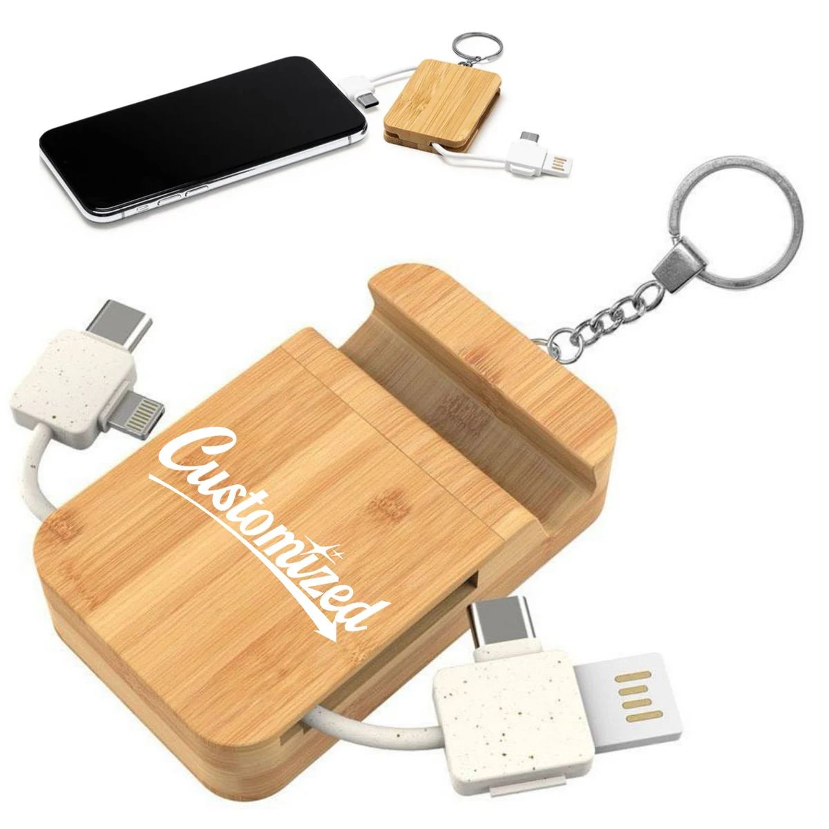 Bamboo Multi Charging Cable Set with Keychain 1