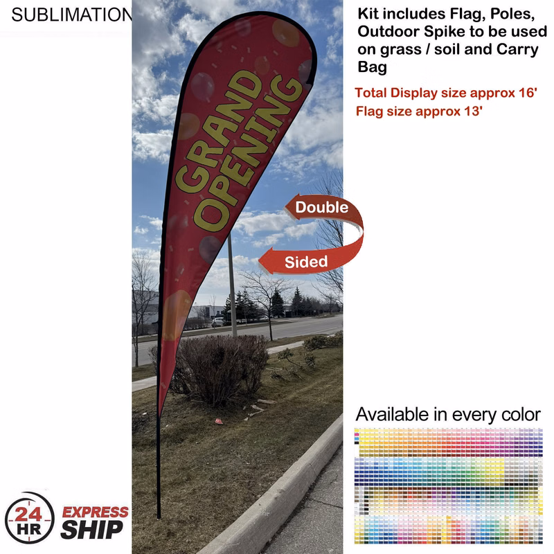 24Hr Express Ship -16' X-Large Tear Drop Flag Kit, Full Color Graphics Double Side, Spike and Bag