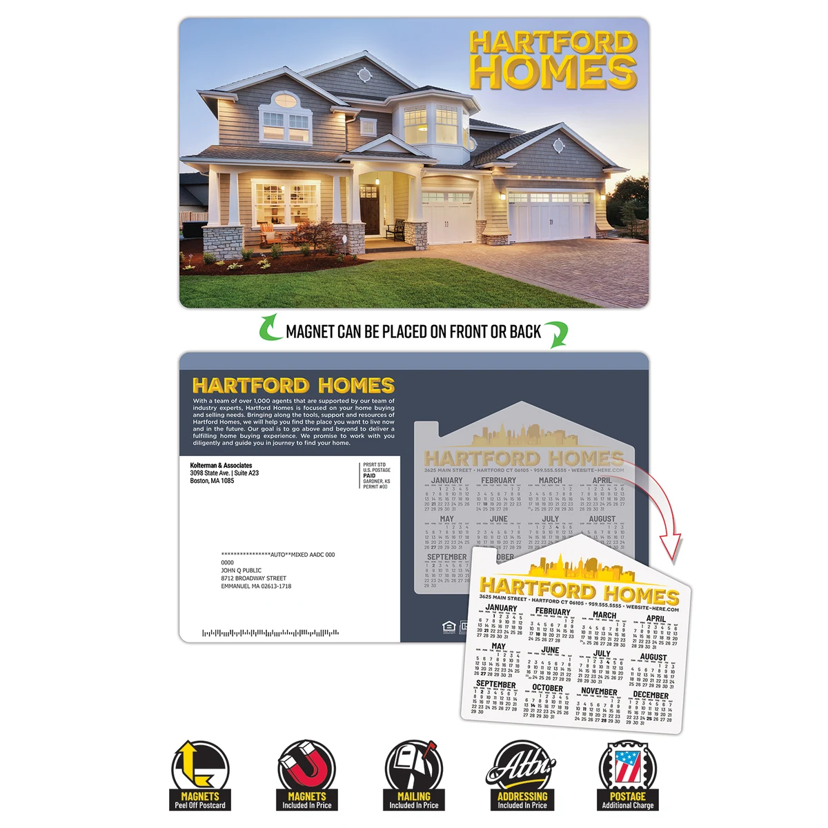 Magna-Peel Laminated Postcard (8.5x5.25; 14pt) with 4x3.5 House Shape Magnet (25 mil.) 1