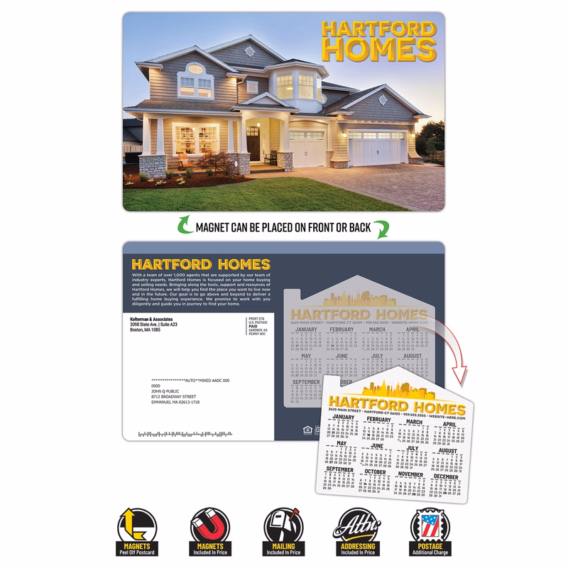 Magna-Peel Laminated Postcard (8.5x5.25; 14pt) with 4x3.5 House Shape Magnet (25 mil.)