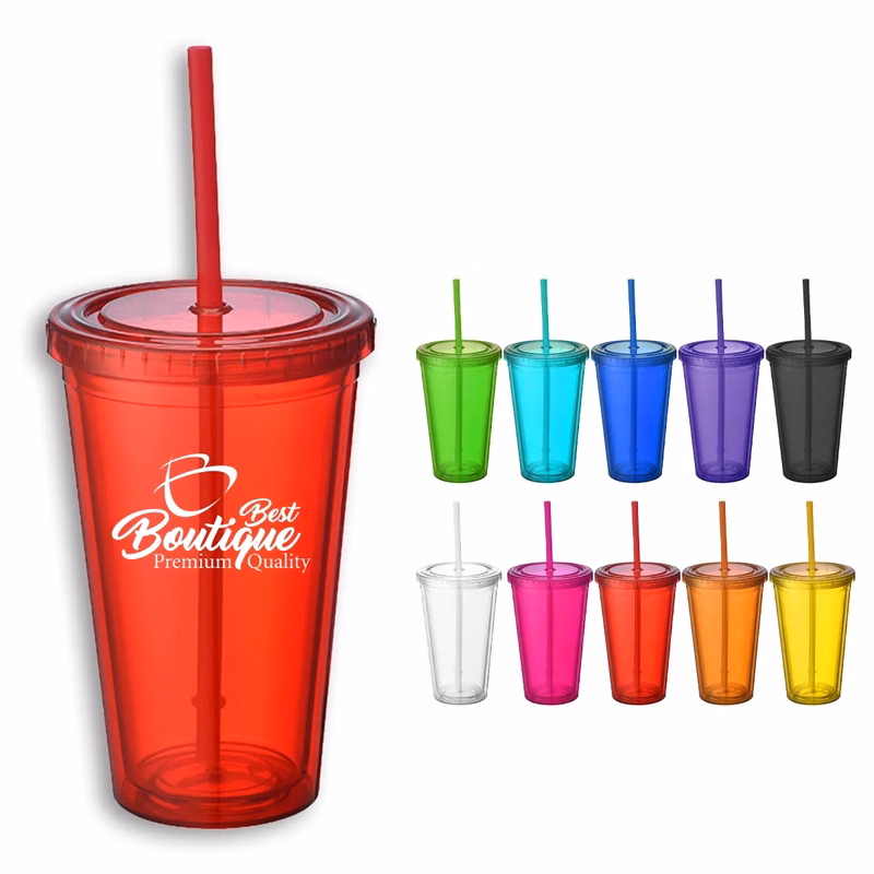 16 Oz. Acrylic Double-Wall Reusable Cup With Lid And Straw