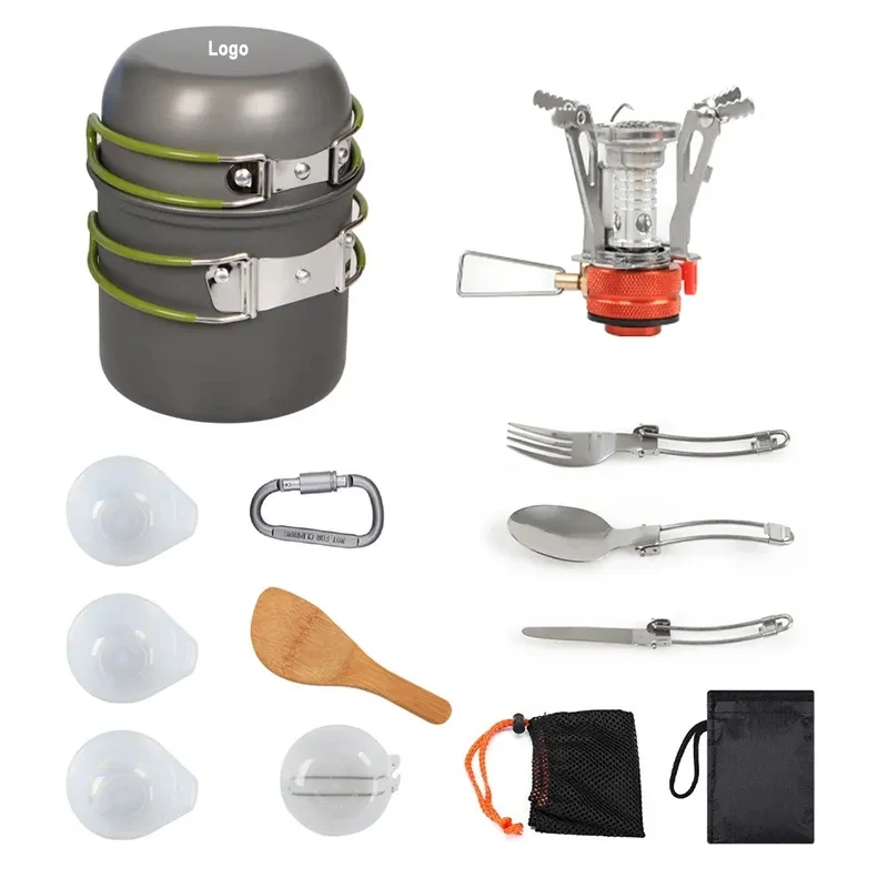 Camping Cookware Mess Kit Set with Stove 10pcs set 1