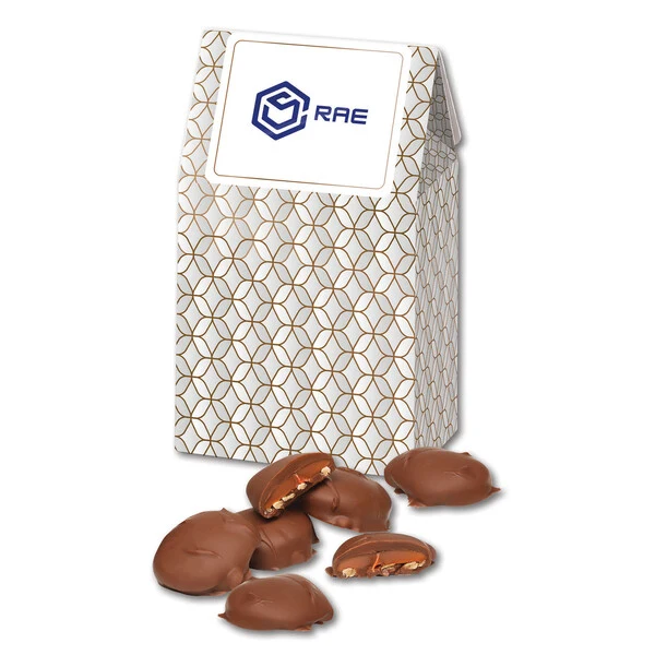 Caramel Pecan Clusters in Silver & Gold Geometric Gable Top Gift Box 1