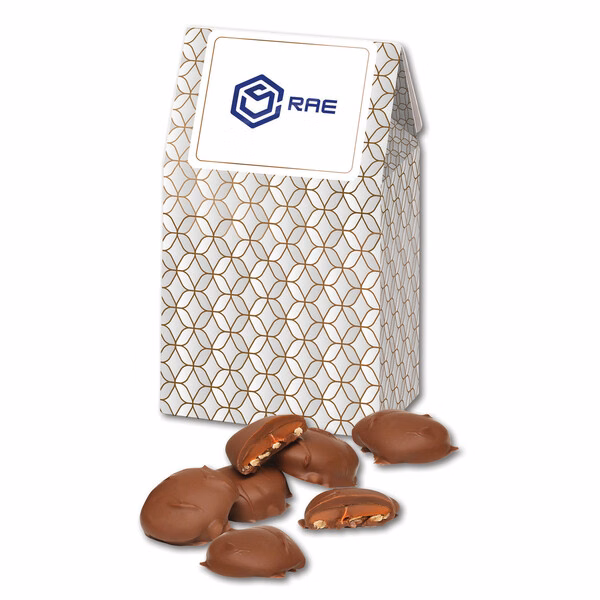 Caramel Pecan Clusters in Silver & Gold Geometric Gable Top Gift Box