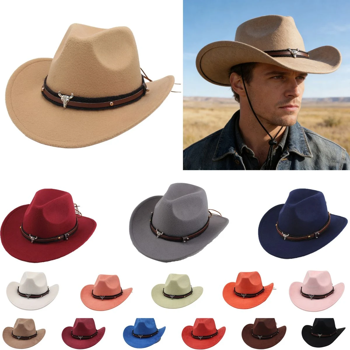 Roll Brim Western Classic Felt Cowboy Chin Strap Hats Caps 1