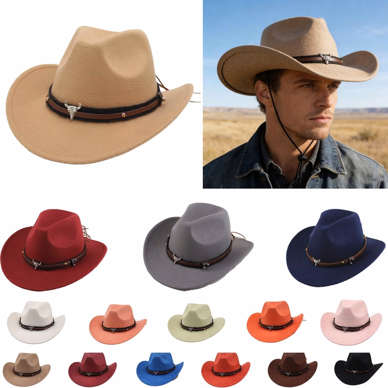 Roll Brim Western Classic Felt Cowboy Chin Strap Hats Caps