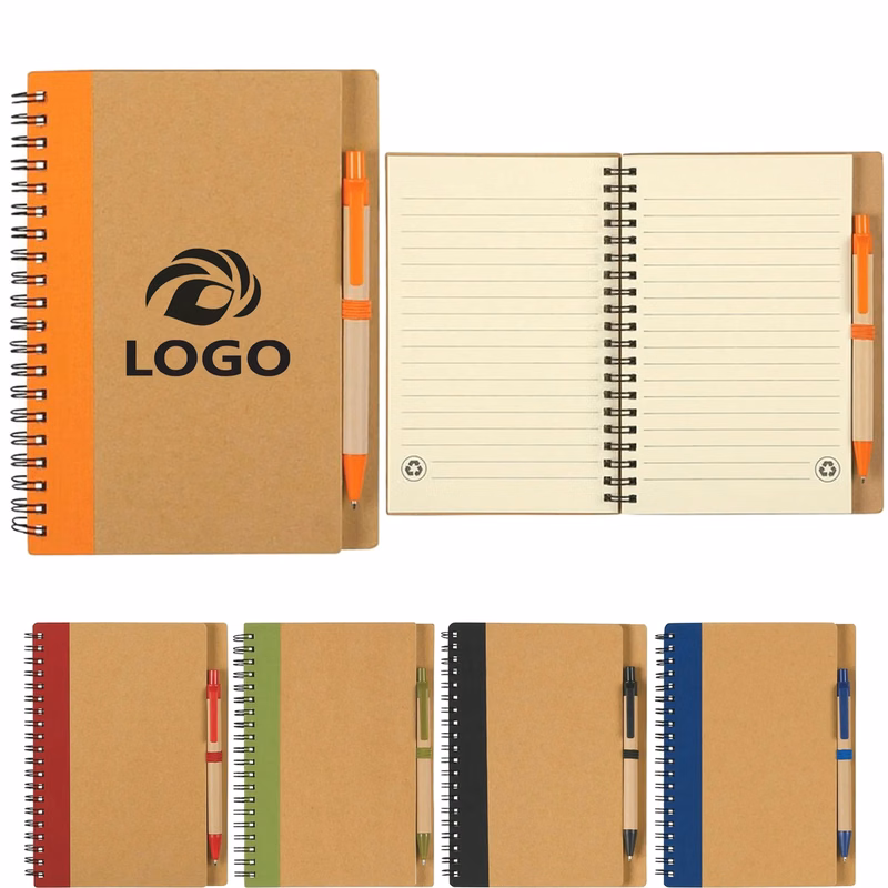 5" x 7" Soft Cover Kraft Spiral Notebook With Pen In Holder