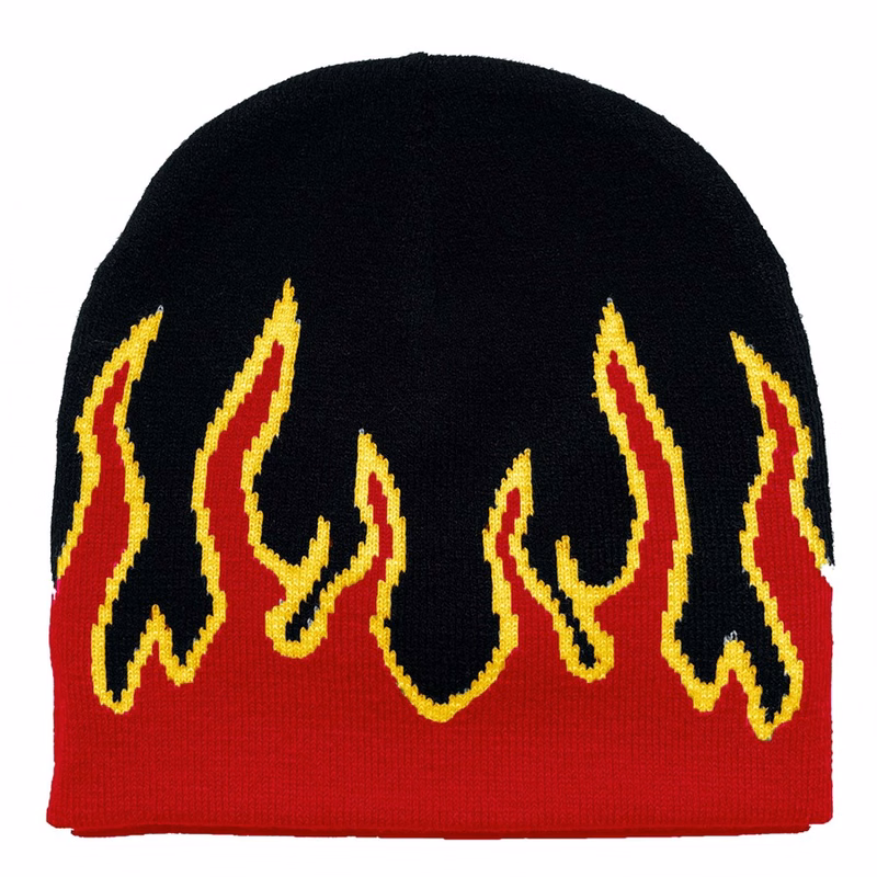 Flame Pattern Stretch Beanie with Custom Logo