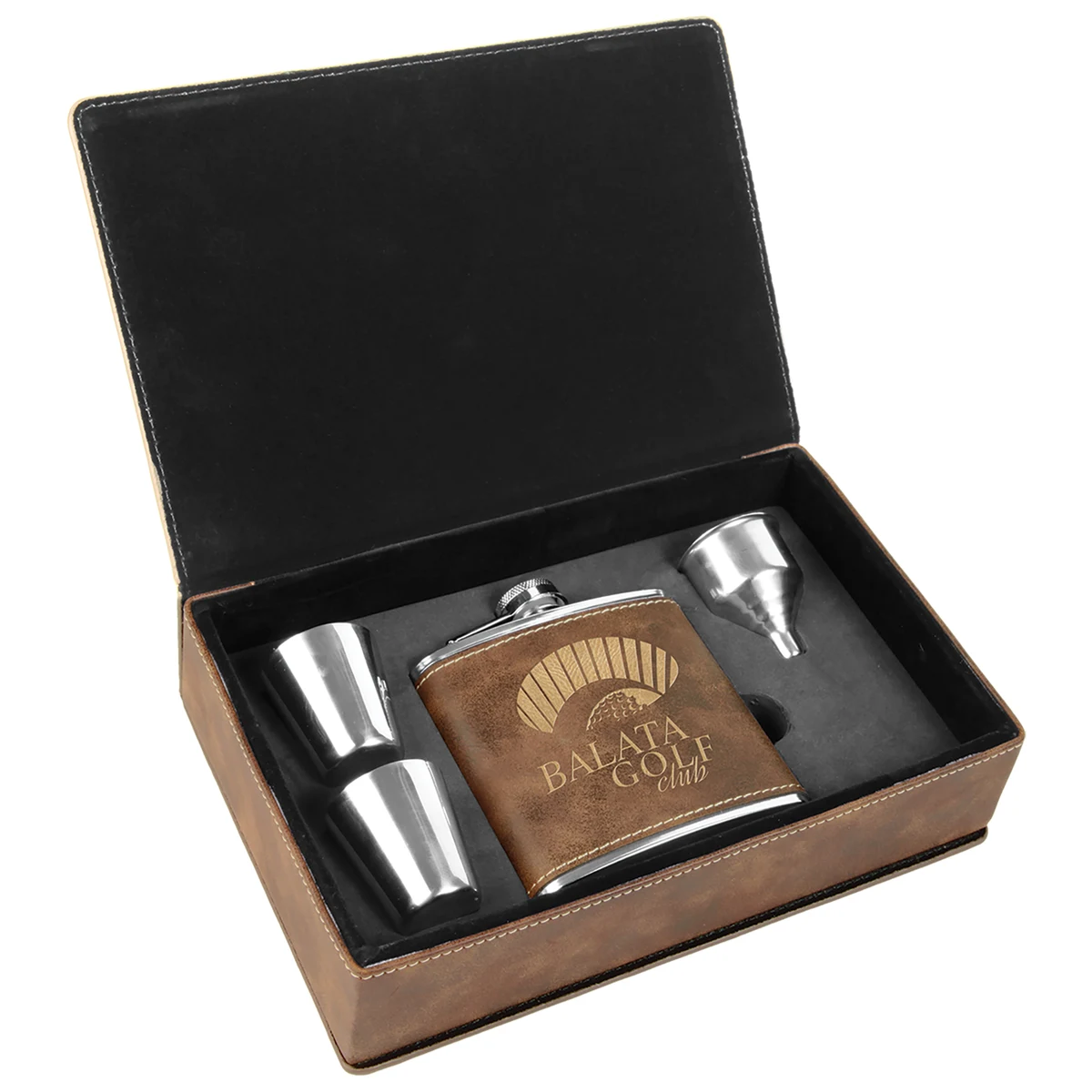 Stainless Steel Rustic/Gold Leatherette Flask Gift Set 1