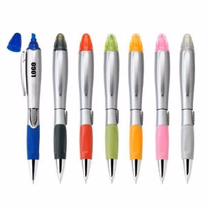 Silver Barrel Pen With Highlighter