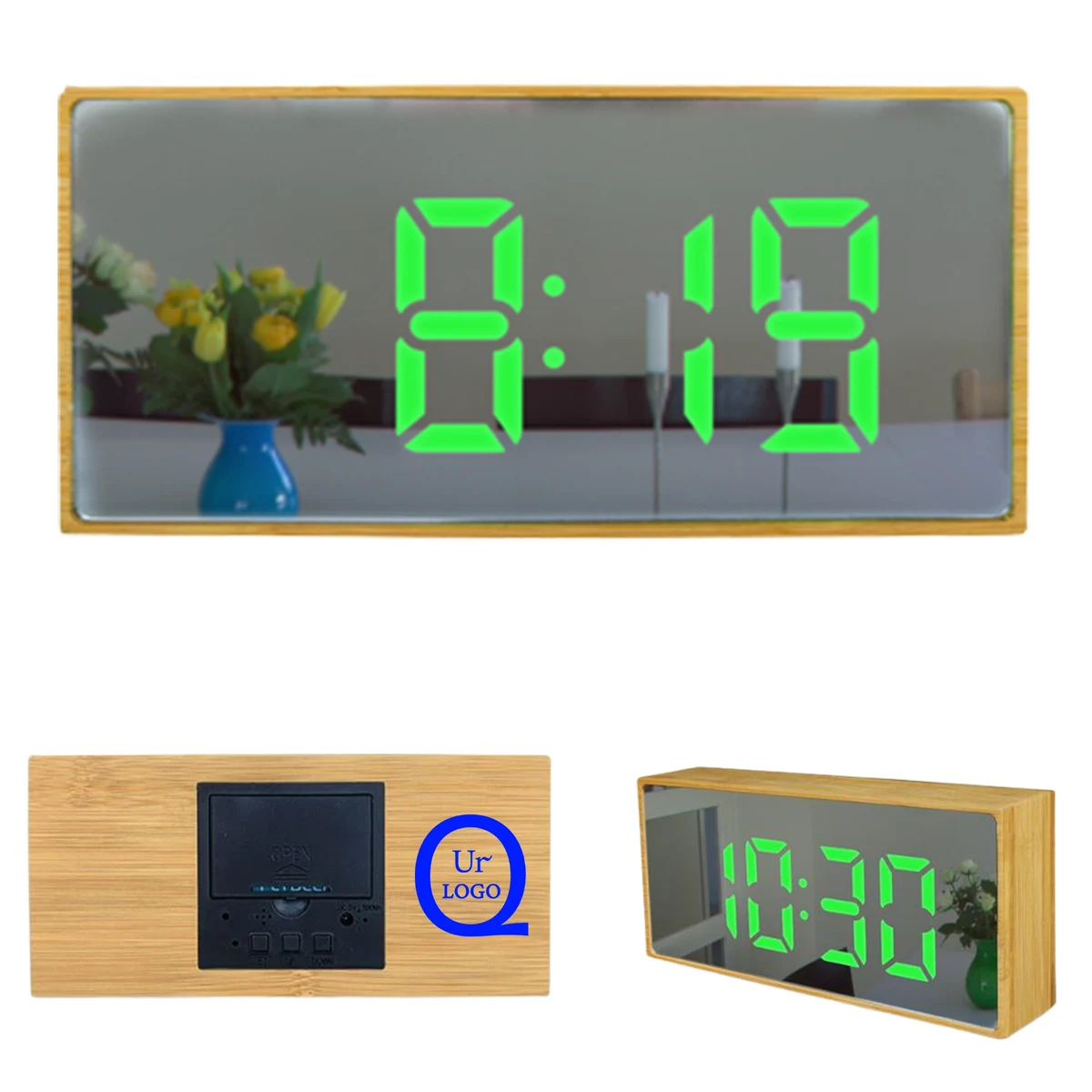 Bamboo Multifunction Mirror Led Clock 1