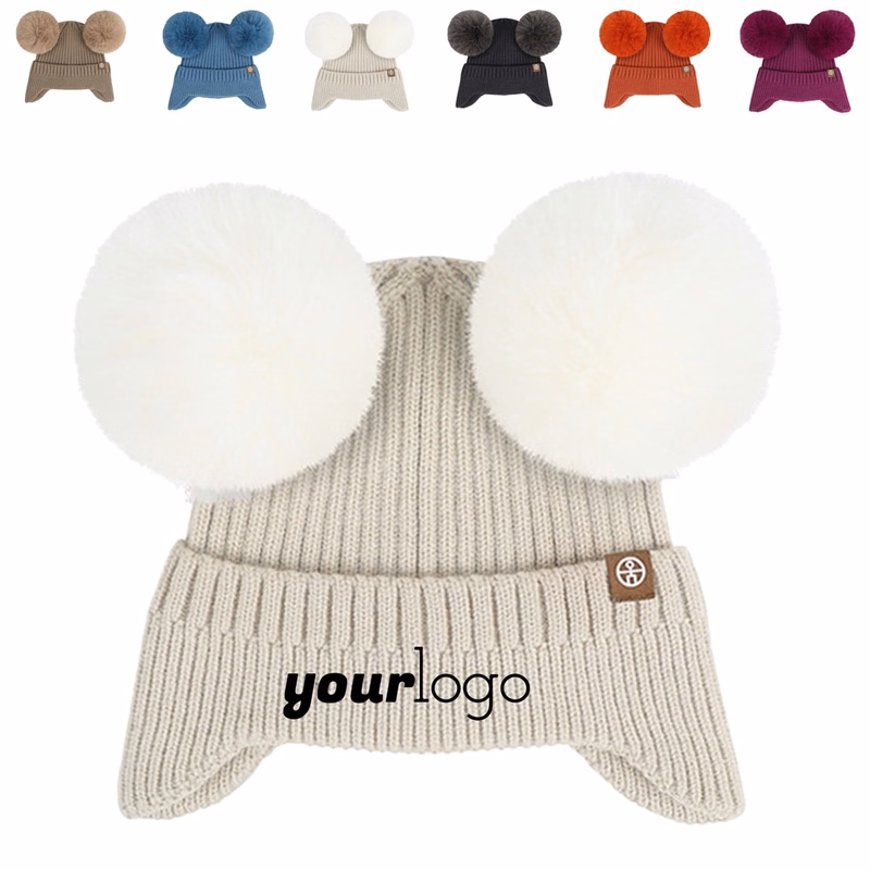 Double Pom Pom Knit Winter Beanie with Earflaps