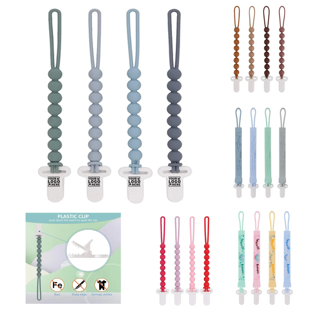 Boys Girls 4-Pack Silicone Pacifier Clips Flexible Teething Relief Rust-Free Holders Baby Essentials 1