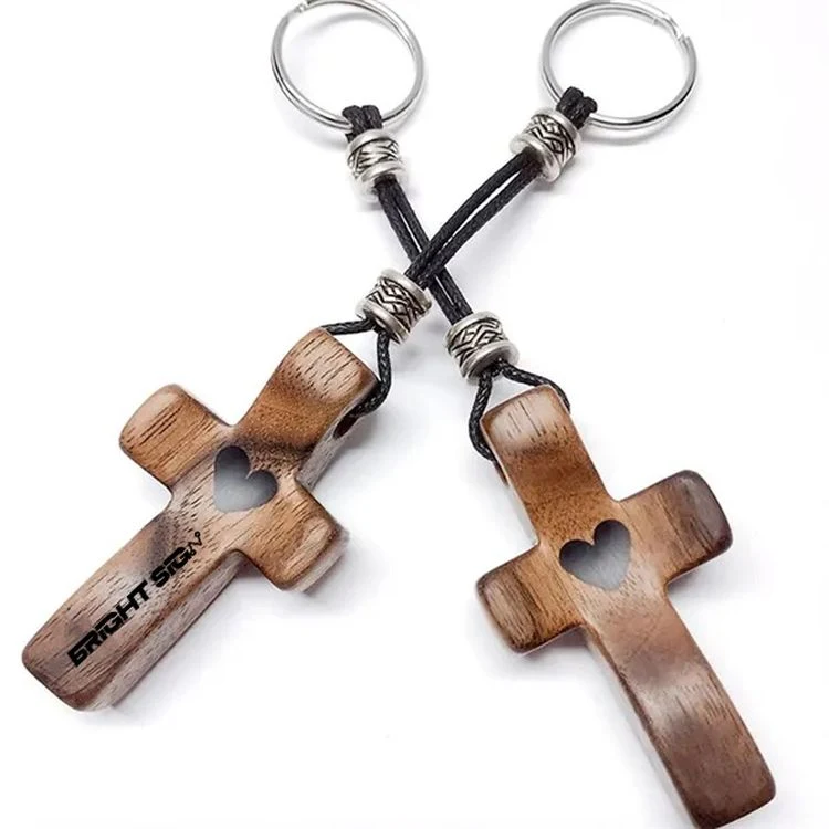 Engravable Walnut Wood Christian Prayer Cross Keychain 1