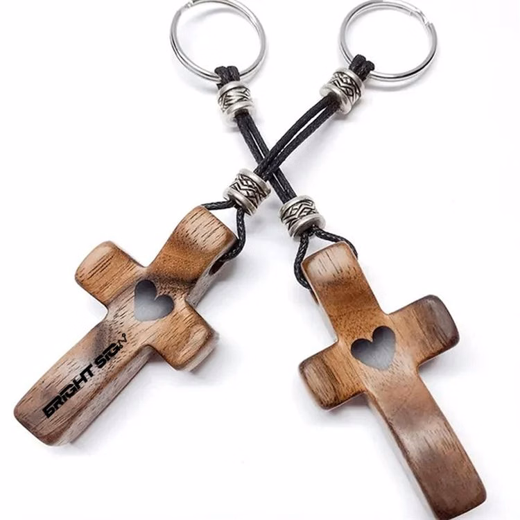 Engravable Walnut Wood Christian Prayer Cross Keychain