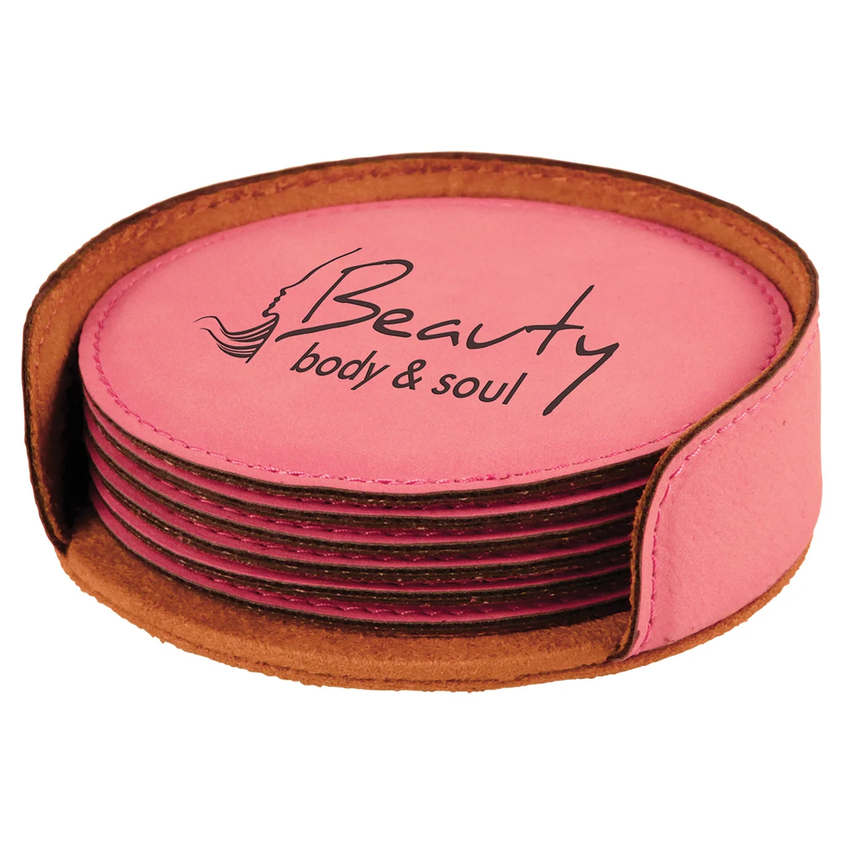 Pink Leatherette Round 6-Coaster Set 1