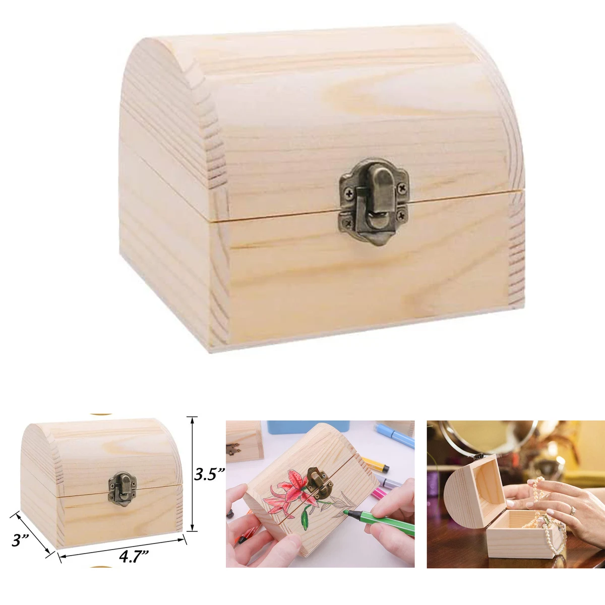3 x 4.7 x 3.5 Inches Unfinished Natural Wood Color Wooden Treasure Chests Boxes 1
