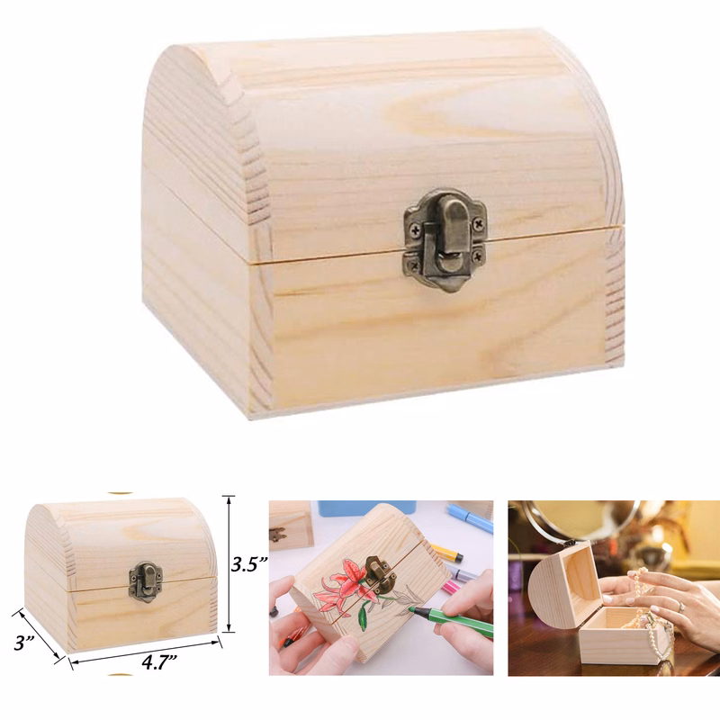 3 x 4.7 x 3.5 Inches Unfinished Natural Wood Color Wooden Treasure Chests Boxes