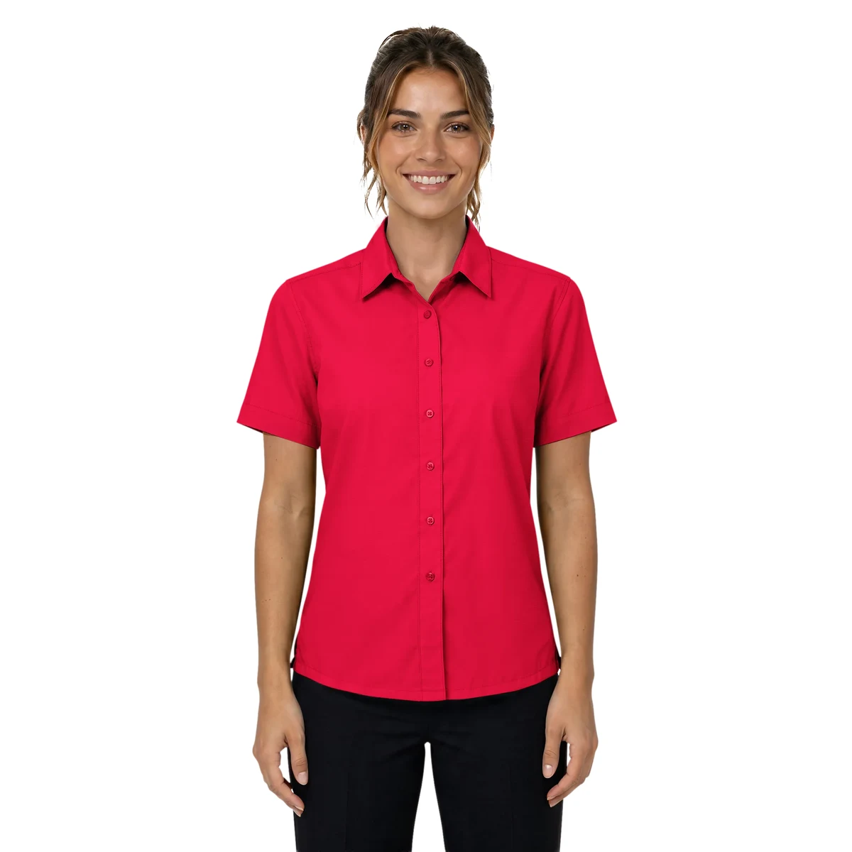 Ladies Short-Sleeve Superblend Poplin Shirt with Matching Buttons 1