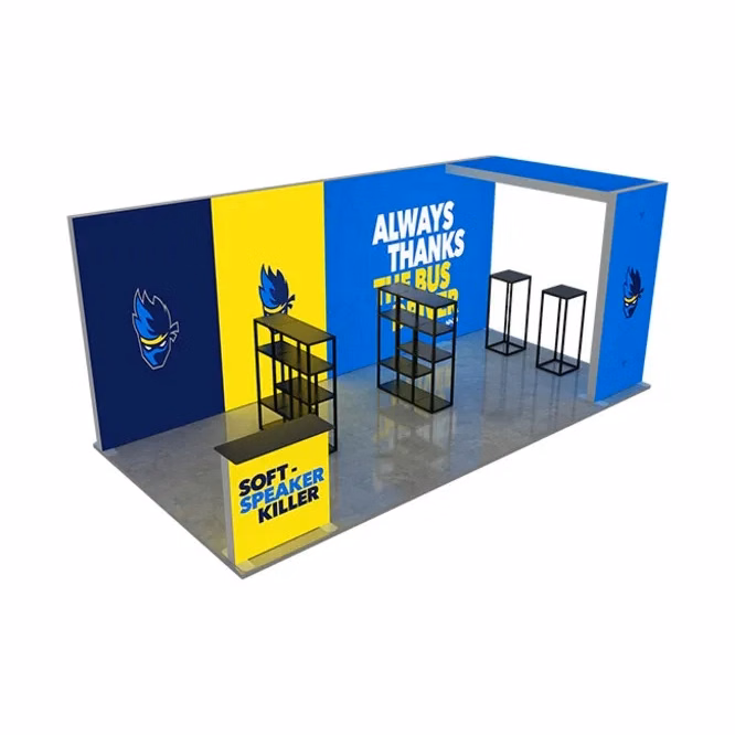 20ft Backlit Trade Show Display – LED Backwall Display with Dual Counters & Branding