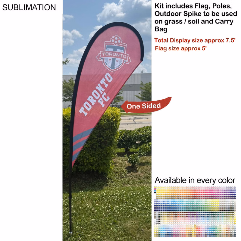 7.5' X-Small Tear Drop Flag Kit, Full Color Graphics One Side, Outdoor Use Spike base & Bag Included