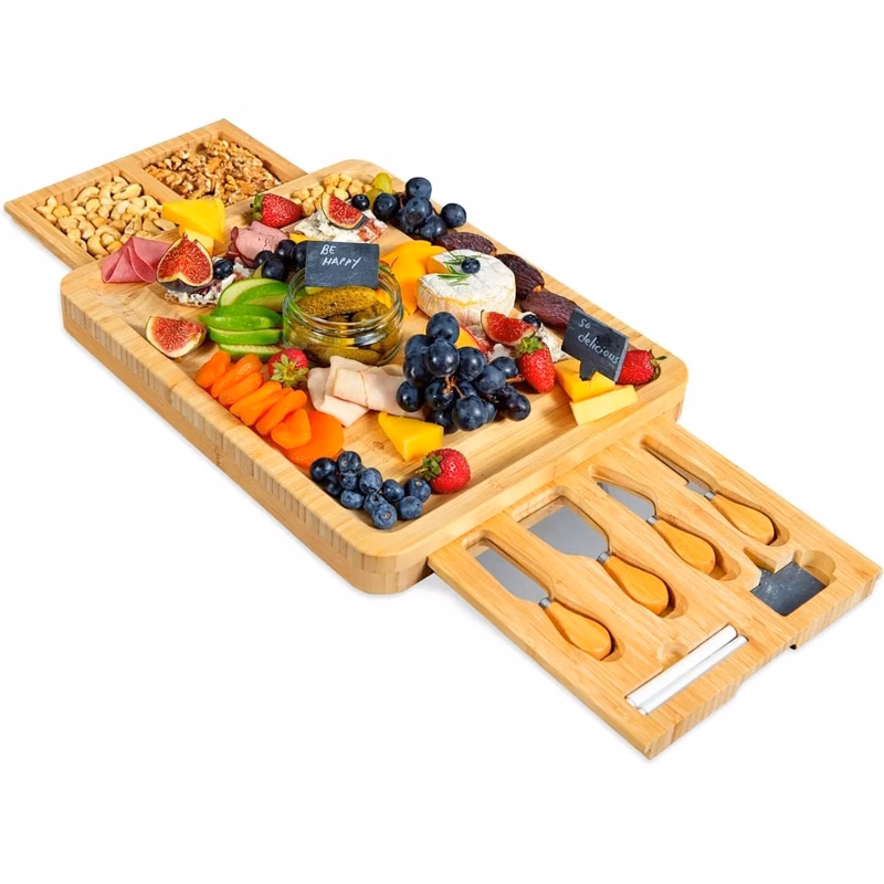 Unique Bamboo Cheese Board and Knife Set with 2 Slide-Out Cutlery Drawers