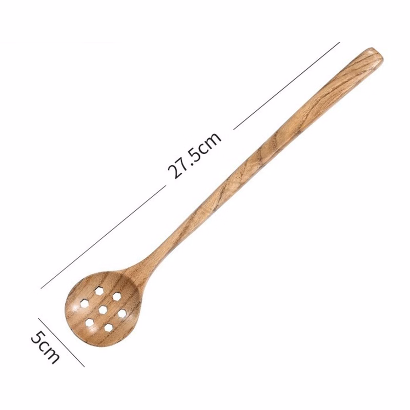 10.8" Long Handle Wooden Round Slotted Spoon