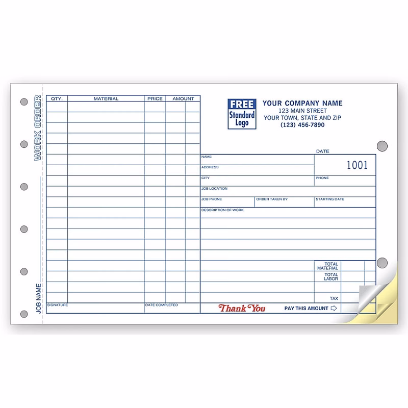 Job Work Orders, Carbonless, Side-Stub