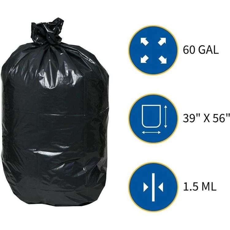 Heavy Duty 60 Gallon Trash Bags - 56" x 39" 1.5 mil 1