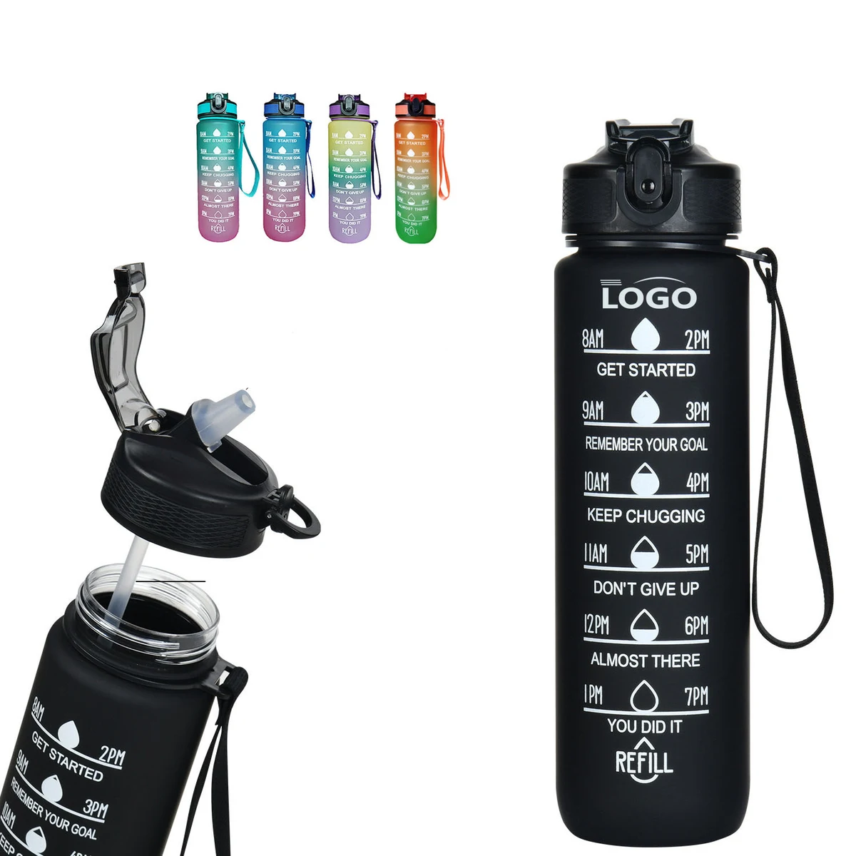 Motivational Water Bottle with Time Marker and Straw 1