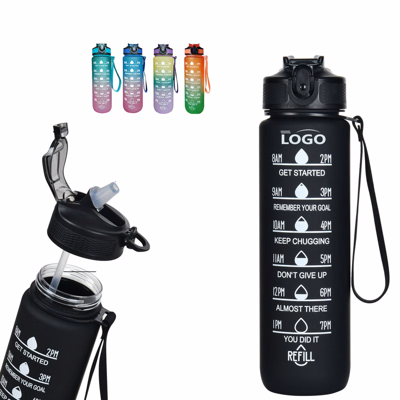 Motivational Water Bottle with Time Marker and Straw