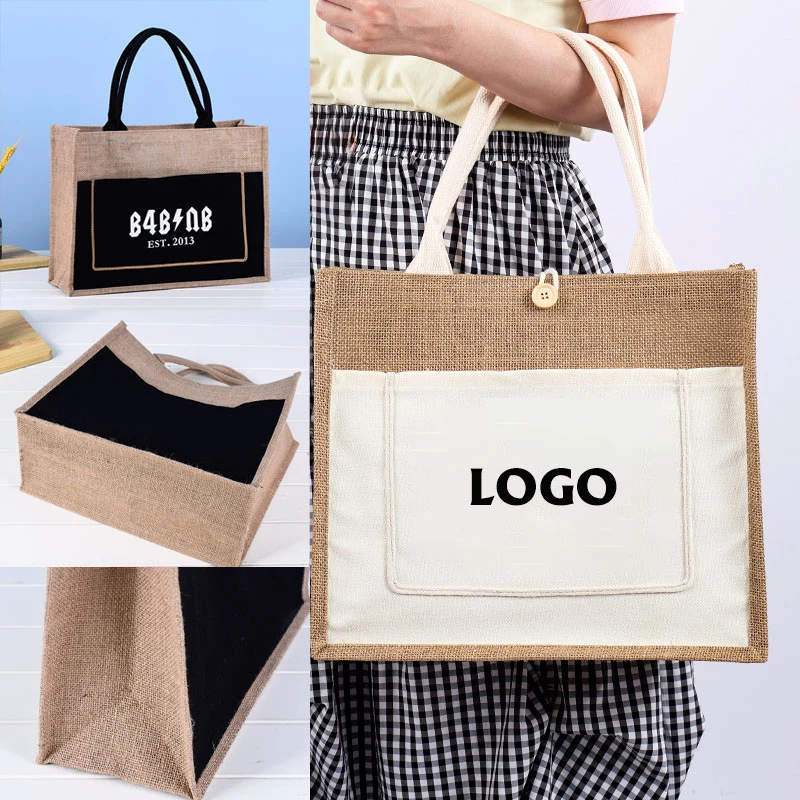 Large Jute Tote Bags With Front Pocket, custom tote bag with logo imprint 1