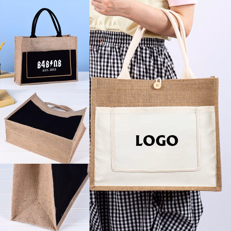 Large Jute Tote Bags With Front Pocket