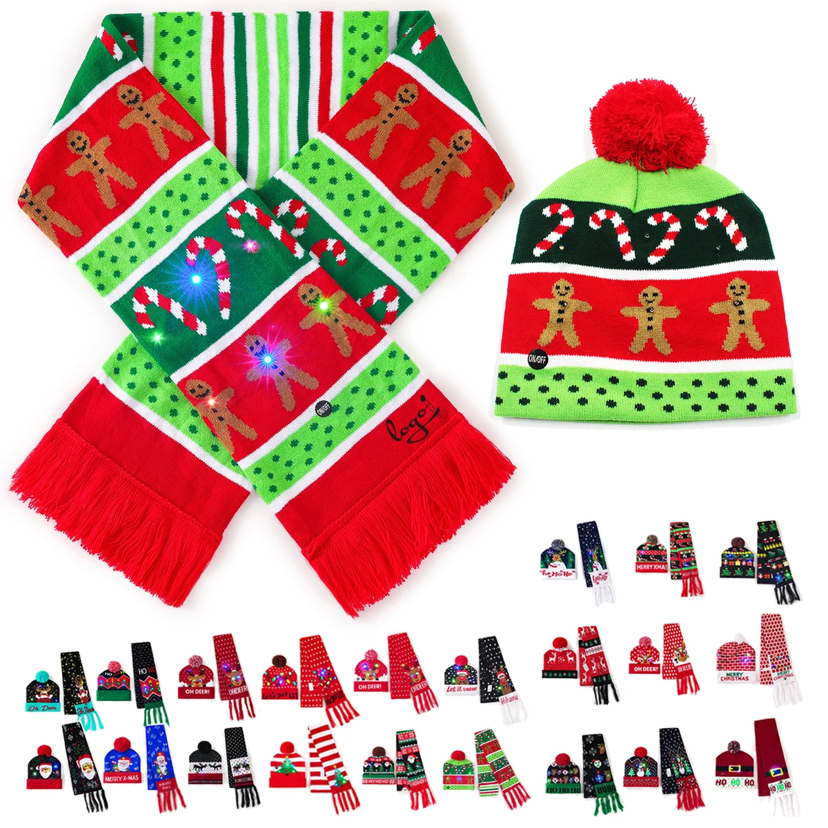 Christmas Gingerbread Scarf & Hat Set with LED Lights 2 Pieces 1