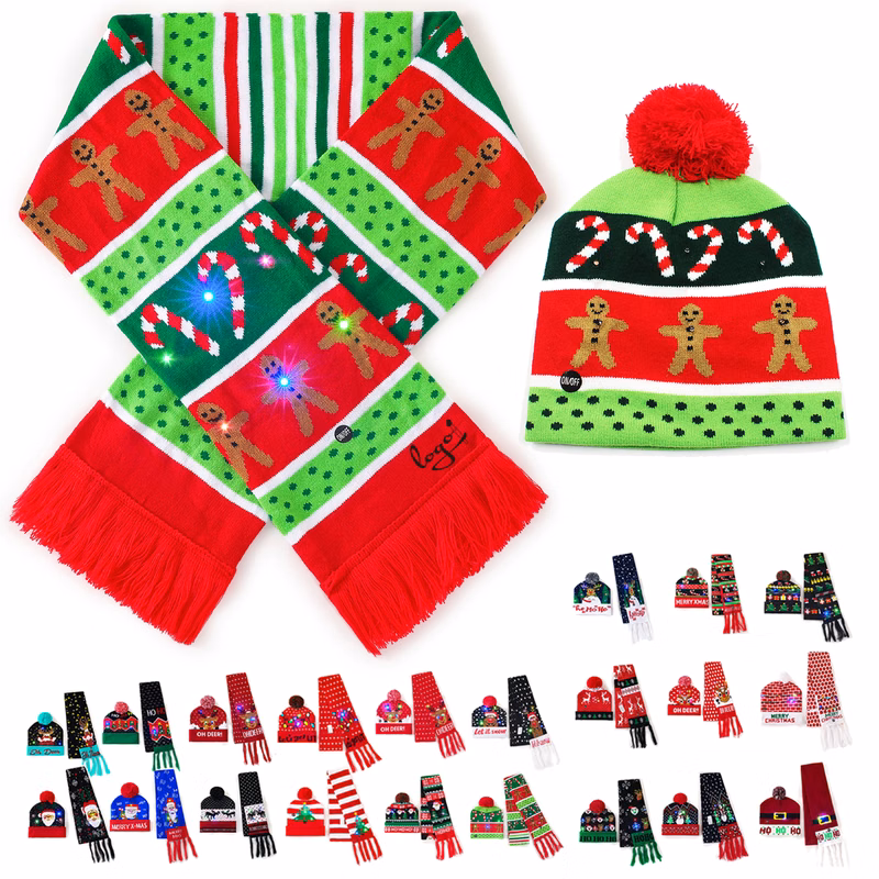 Christmas Gingerbread Scarf & Hat Set with LED Lights 2 Pieces