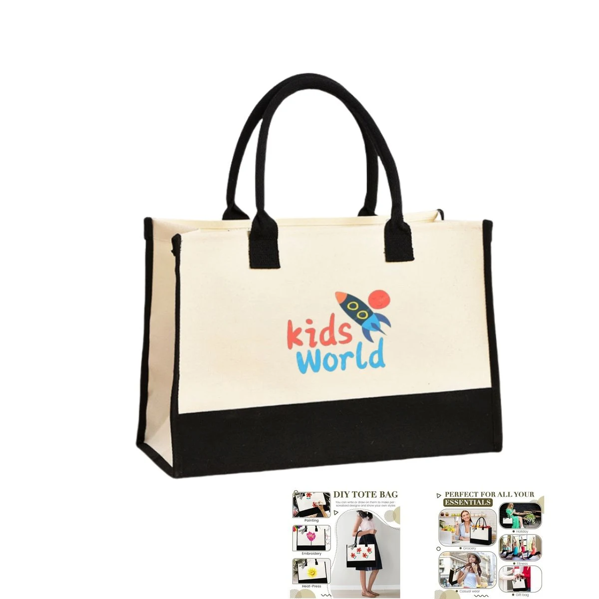 Classic White & Black Cotton Canvas Tote Bag, custom tote bag with logo imprint 1
