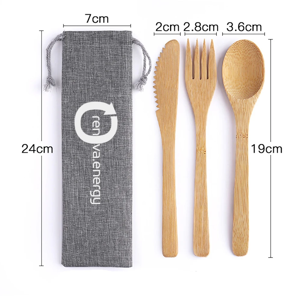 3Pcs Bamboo Travel Utensils Set with Carrying Bag 1