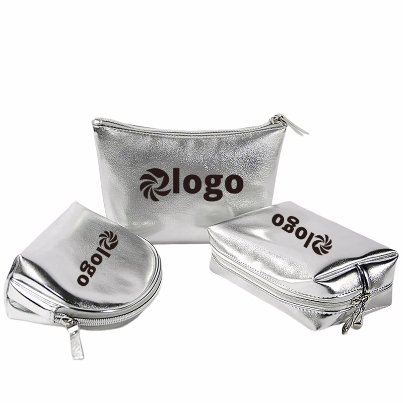Silver Pu Leather Cosmetic Bags Set-3pcs