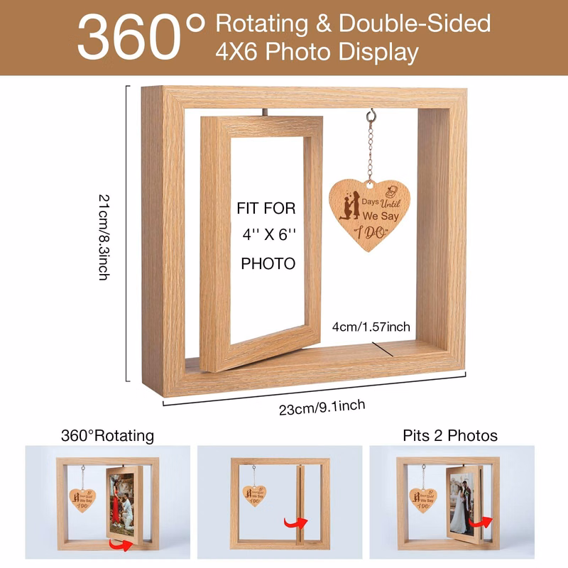 Custom Wooden Rotating Dual-Side Photo Frame w/Heart Pendant
