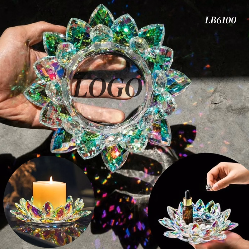 Engraved Lotus Crystal Candle Holders Jewelry Box
