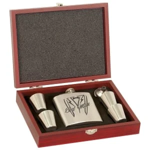 6 Oz. Stainless Steel Flask Set In Wood Presentation Box 1