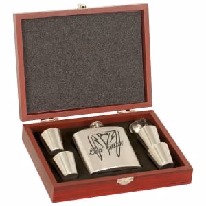 6 Oz. Stainless Steel Flask Set In Wood Presentation Box