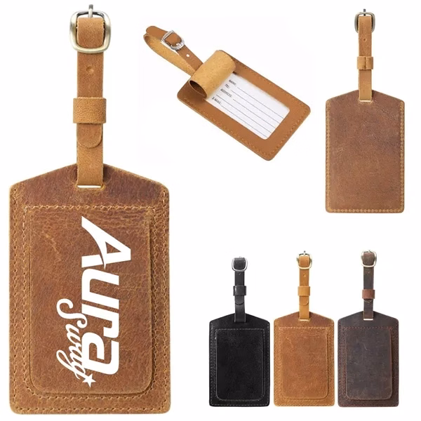 Custom Genuine Leather Luggage Tag with ID Window — Business Travel Accessory