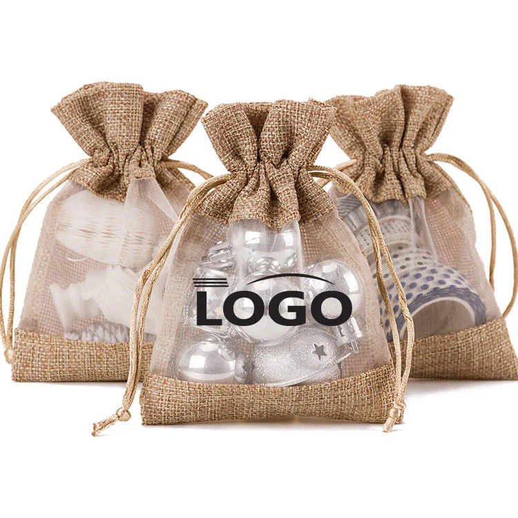 Rustic Burlap Mesh Drawstring Pouches 1