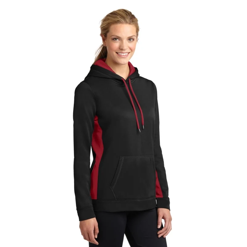 Sport-Tek Women's Sport-Wick Fleece Colorblock Hooded Pullover. 1