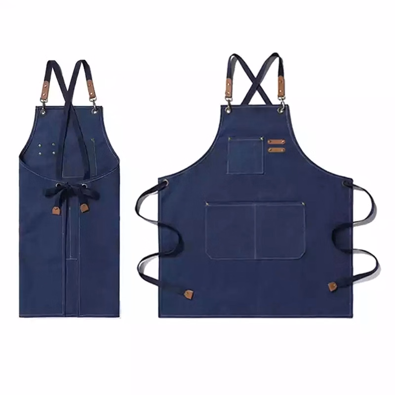 Black Leather Duck Canvas Cotton Kitchen Apron For Waiter