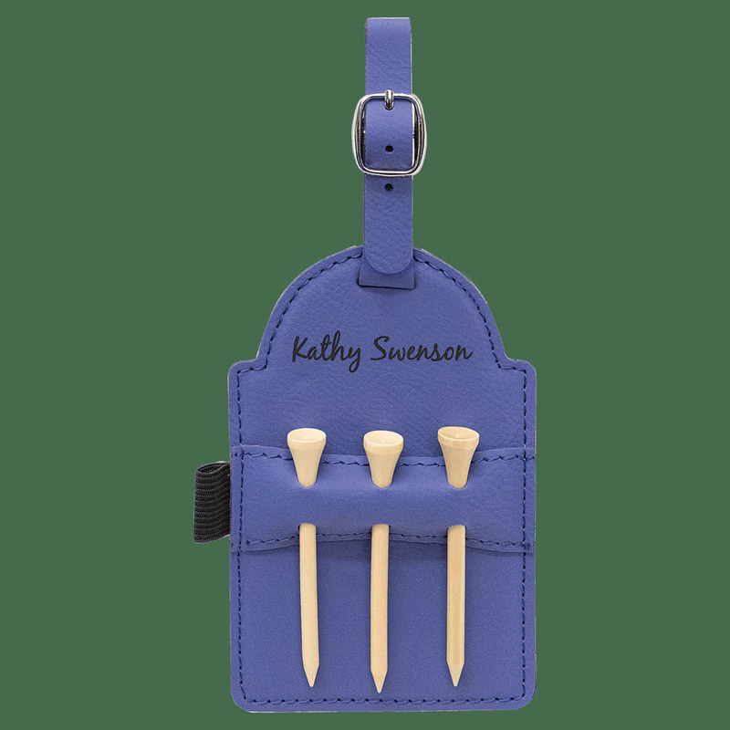 5" x 3 1/4" Purple Leatherette Golf Bag Tag with 3 Wooden Tees