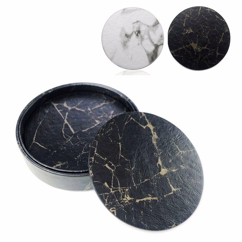 Set of 5 Premium PU Leather Coaster Marble White Pattern