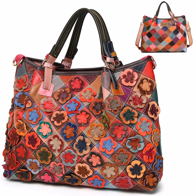 Genuine Leather Colorful flowers hand-paneled plaid tote bag