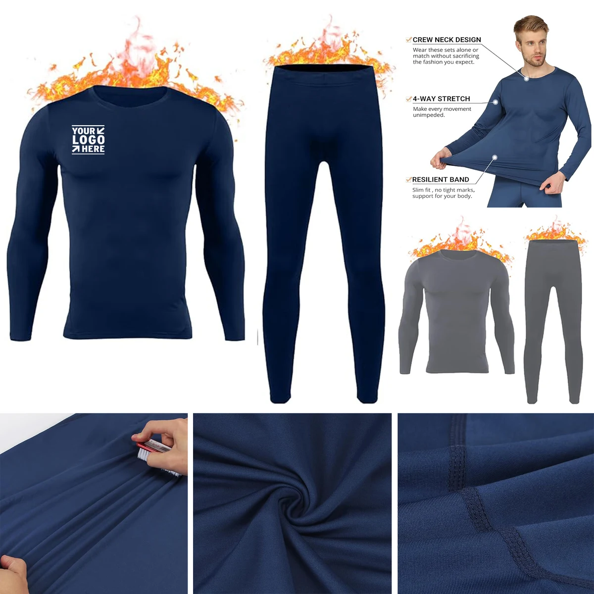 Men Skiing Winter Warm Hunting Gear Fleece Lined Base Layer Set Top Bottom Long Thermal Underwear 1